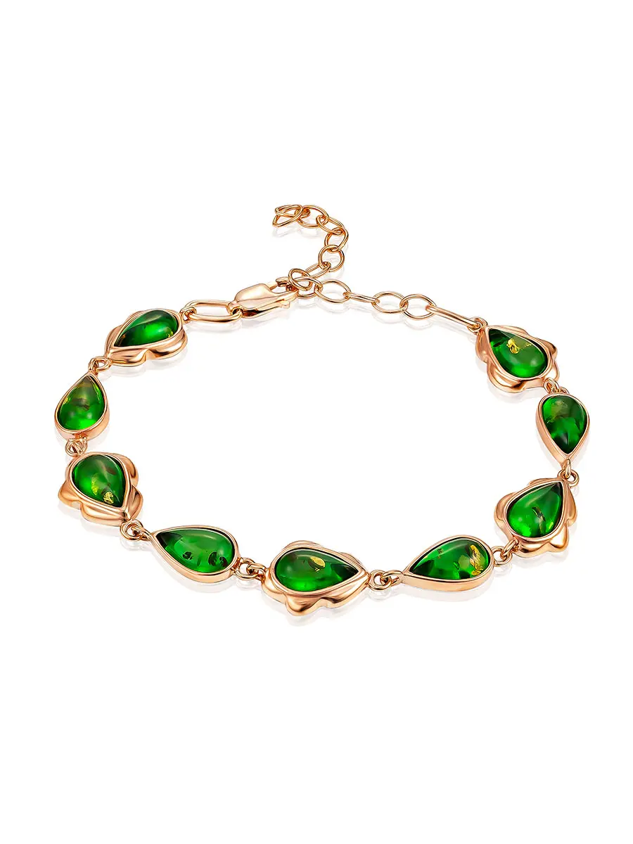 картинка Яркий эффектный браслет с изумрудно-зелёным янтарём «Павлин» в онлайн магазине