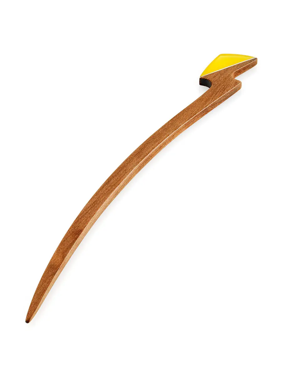 картинка Изящная шпилька для волос из дерева, украшенная цельным янтарём в онлайн магазине