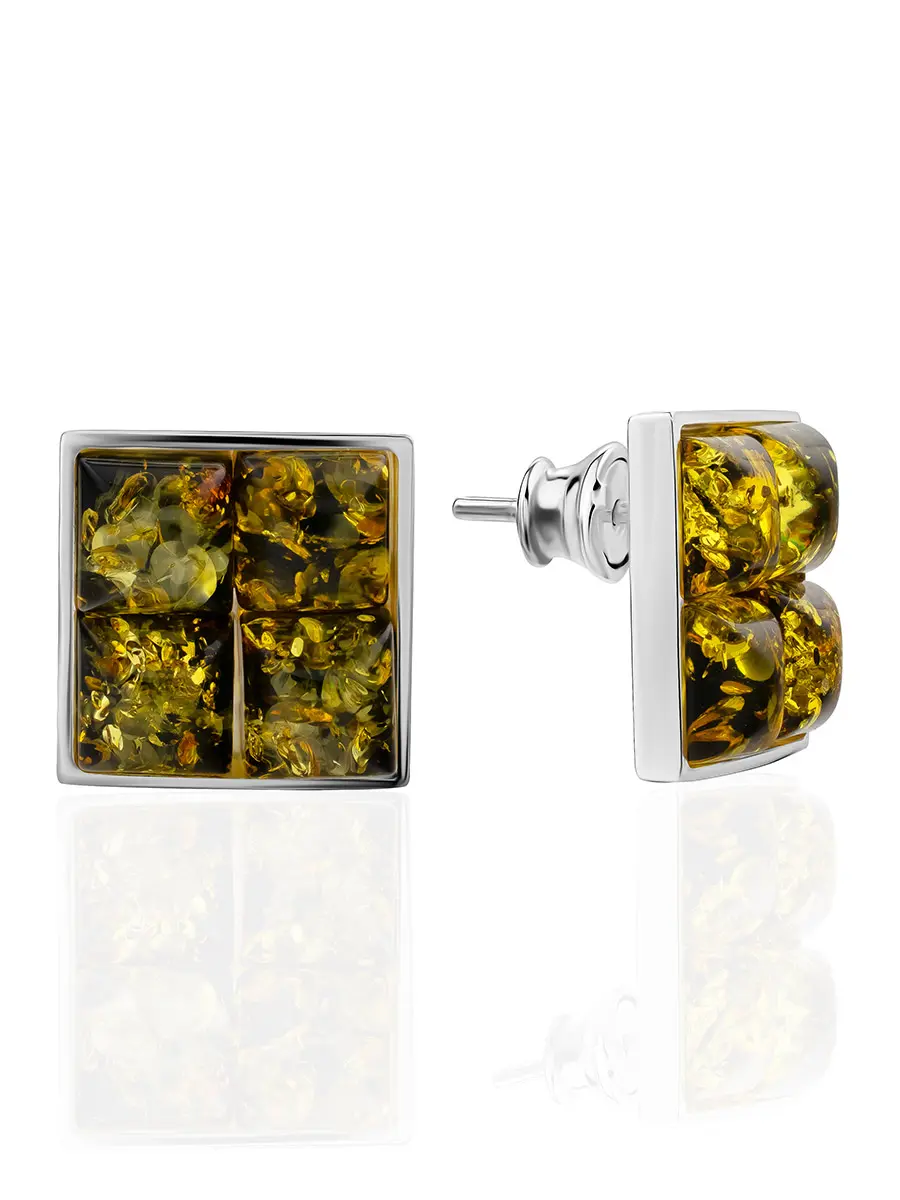 картинка Серьги-гвоздики квадратной формы с зелёным янтарём «Коломбина» в онлайн магазине