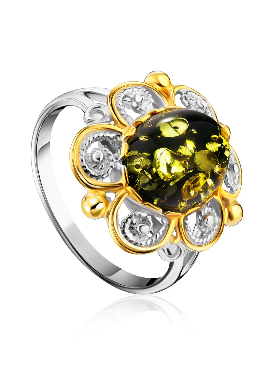 картинка Красивое ажурное кольцо «Мальвина» из зелёного янтаря в онлайн магазине