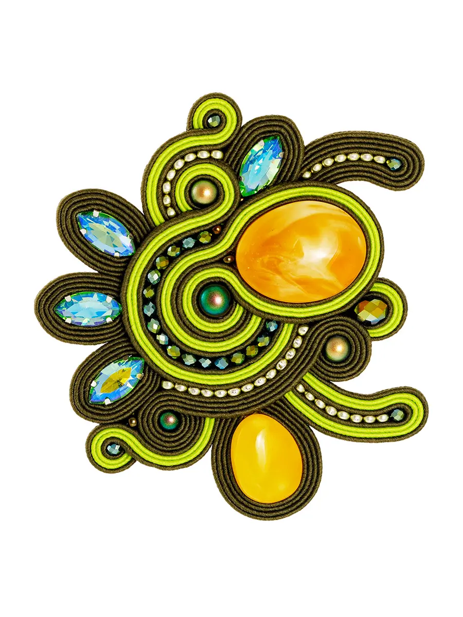 картинка Необычная плетёная брошь, украшенная натуральным янтарём и кристаллами «Индия» в онлайн магазине