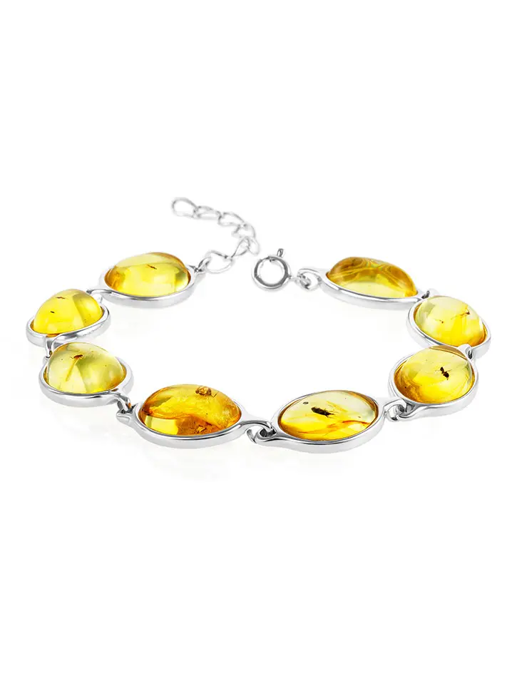 картинка Изящный браслет из серебра и лимонного янтаря с включениями насекомых «Клио» в онлайн магазине