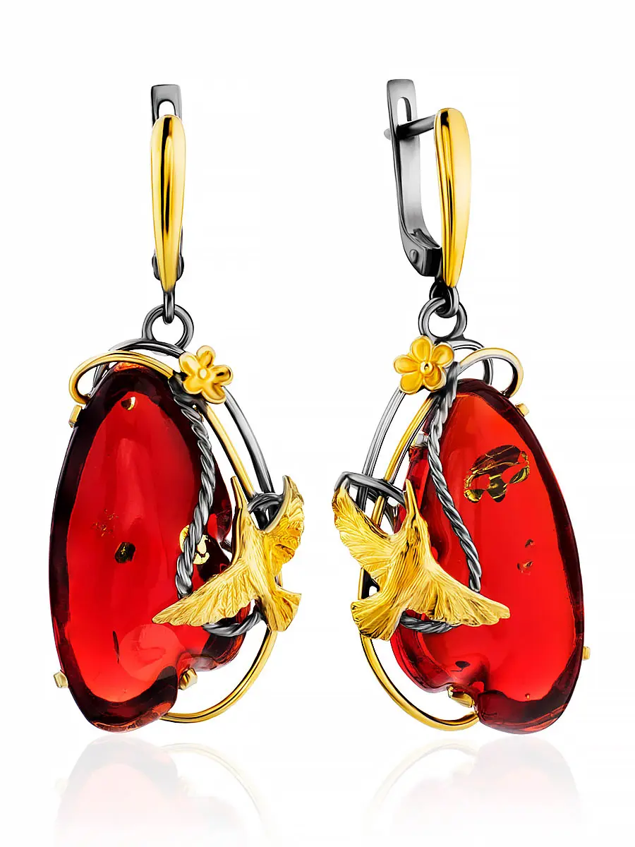 картинка Нардные серьги «Колибри» из красного янтаря в золочённом серебре в онлайн магазине