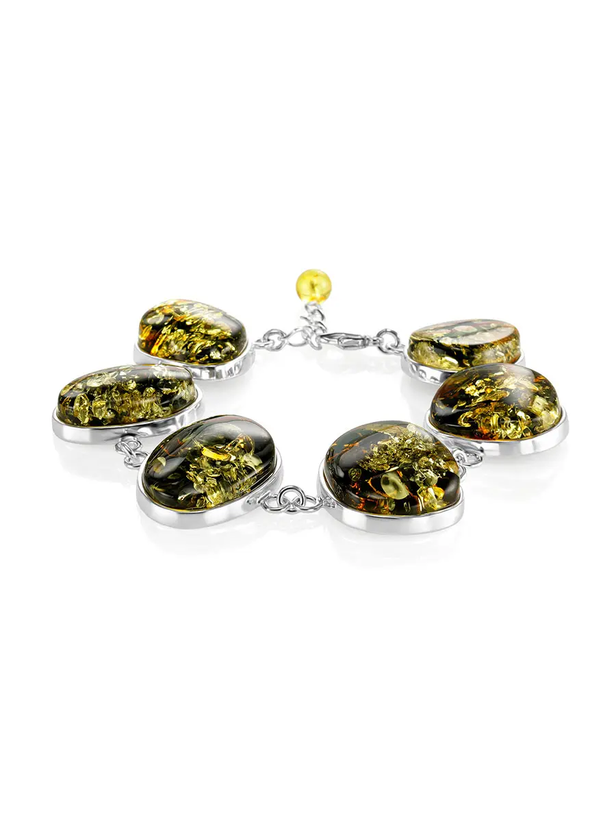 картинка Эффектный браслет «Глянец» из серебра и натурального янтаря зелёного цвета в онлайн магазине