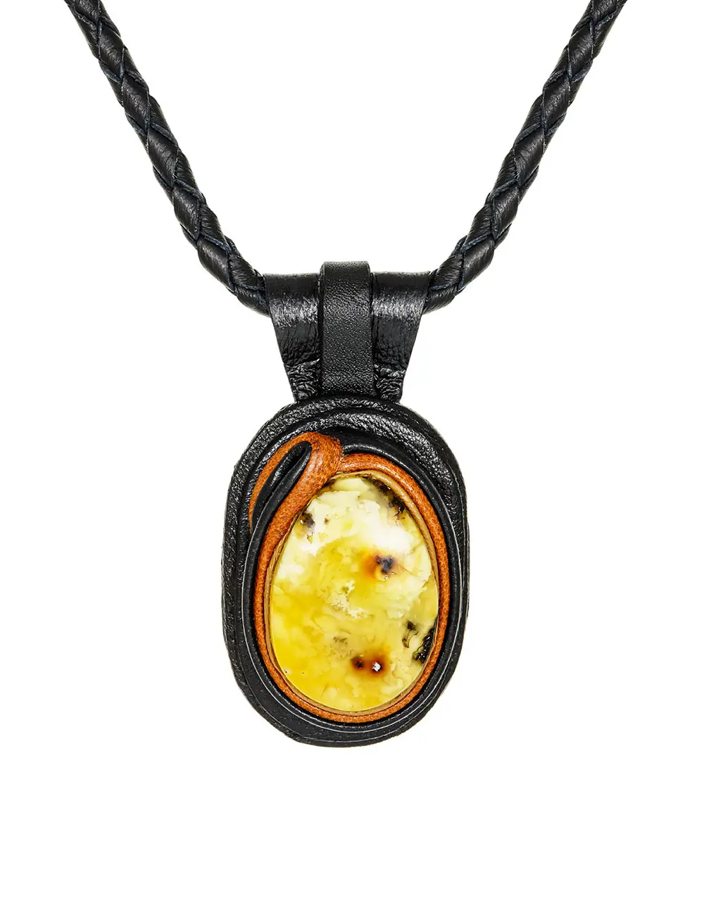 картинка Колье из кожи «Амазонка» с пейзажным янтарём  в онлайн магазине