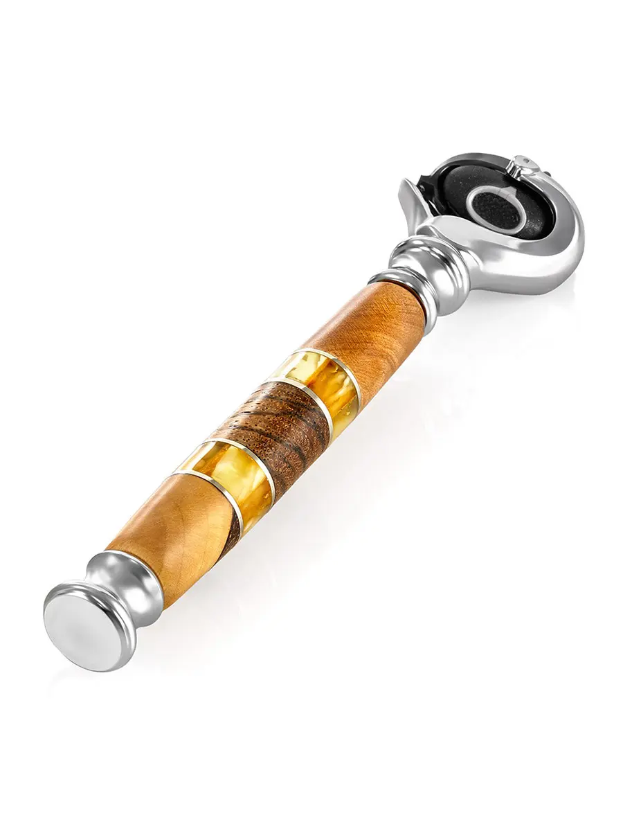 картинка Станок для бритья с рукояткой из натурального дерева с янтарной инкрустацией в онлайн магазине