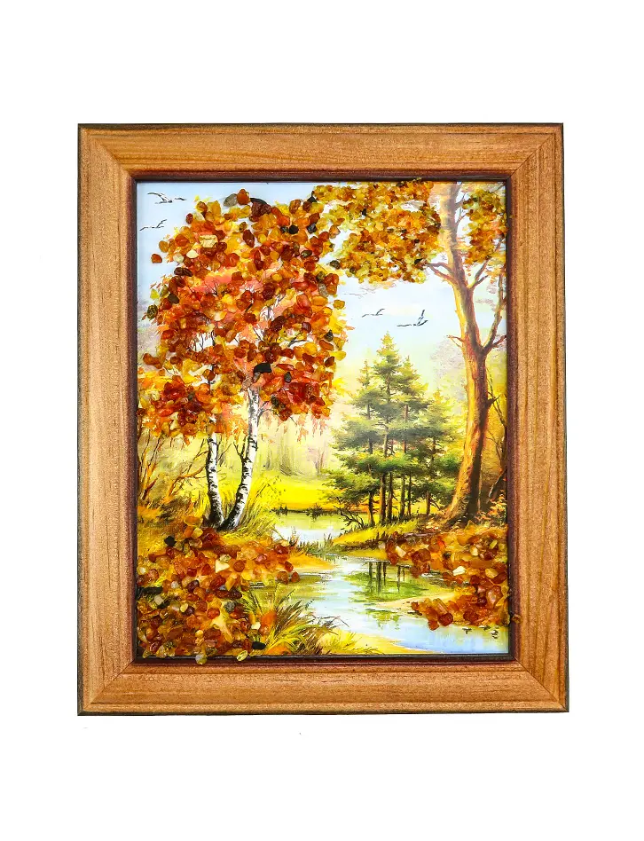 картинка Небольшая вертикальная картина с натуральным янтарем «Смешанный лес» в онлайн магазине