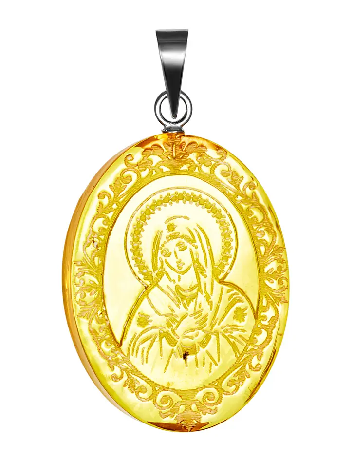 картинка Иконка из натурального янтаря лимонного цвета «Богородица. Умиление (Радость всех радостей)» в онлайн магазине