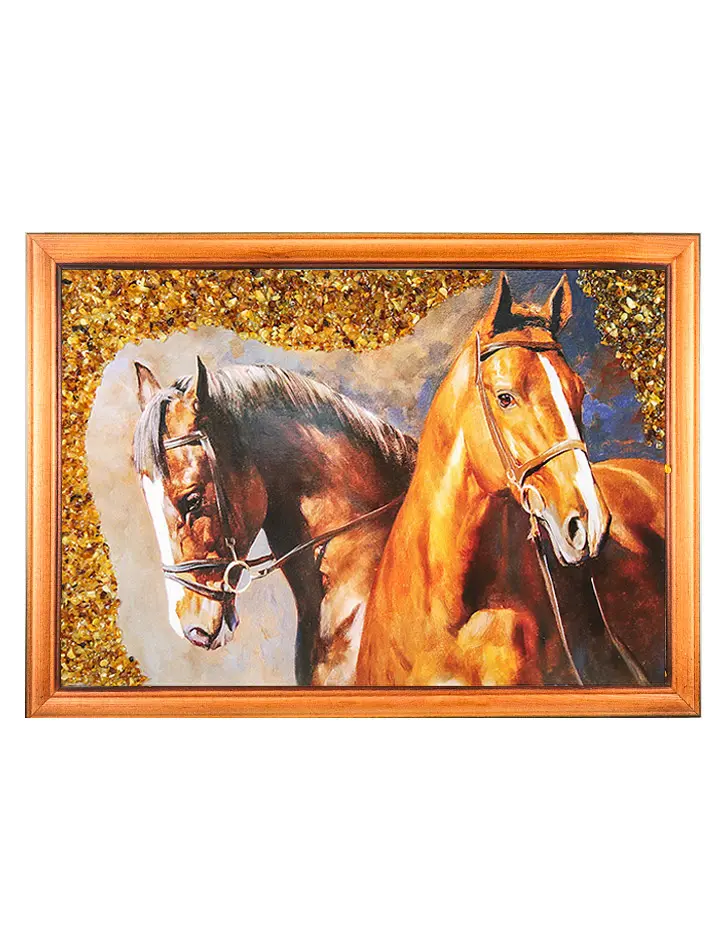картинка Картина, украшенная натуральным балтийским янтарём «Лошади» 23 (В) х 32 (Ш) в онлайн магазине