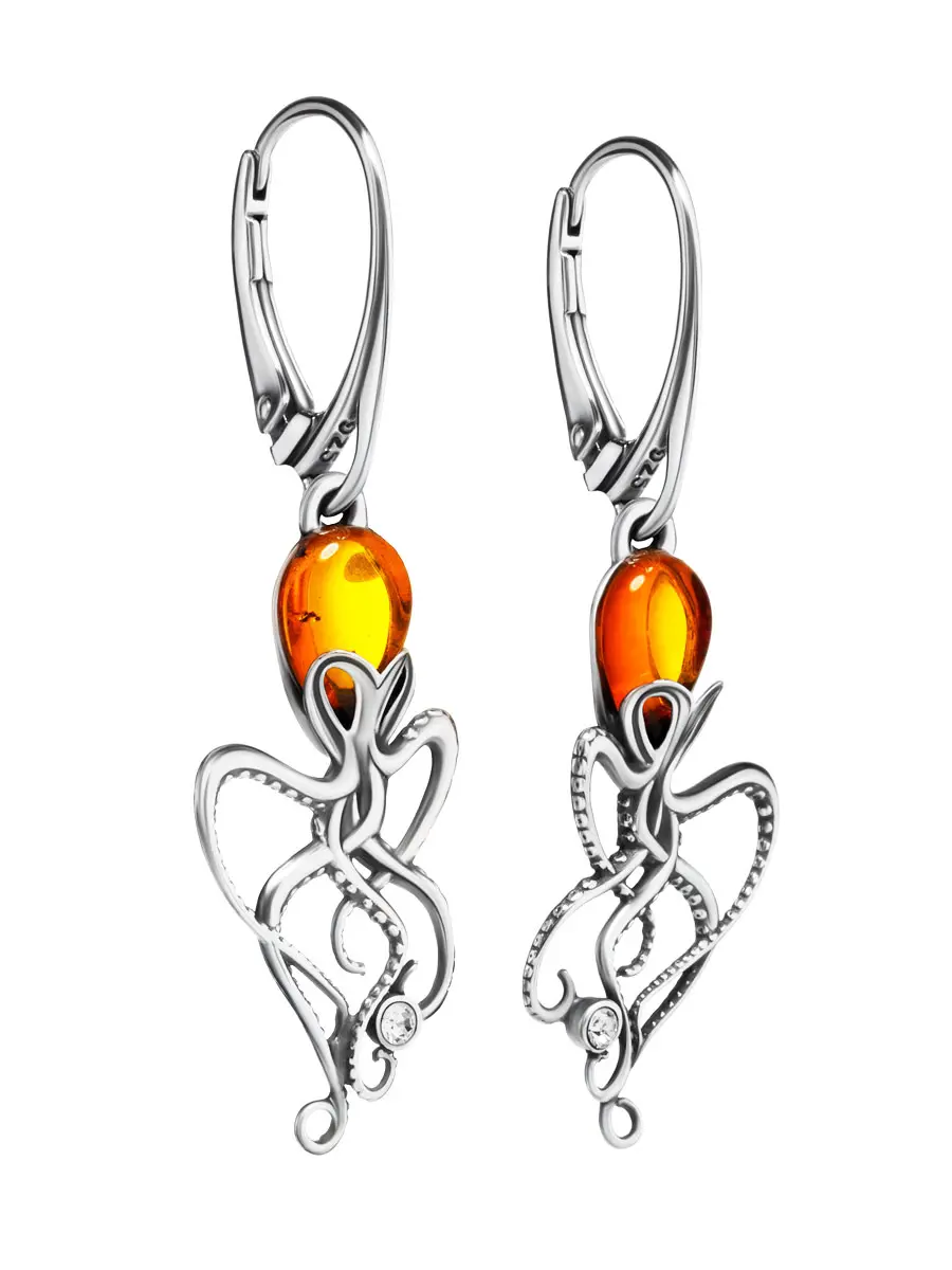 картинка Оригинальные серьги «Осьминог» из серебра с янтарём и кристаллами в онлайн магазине