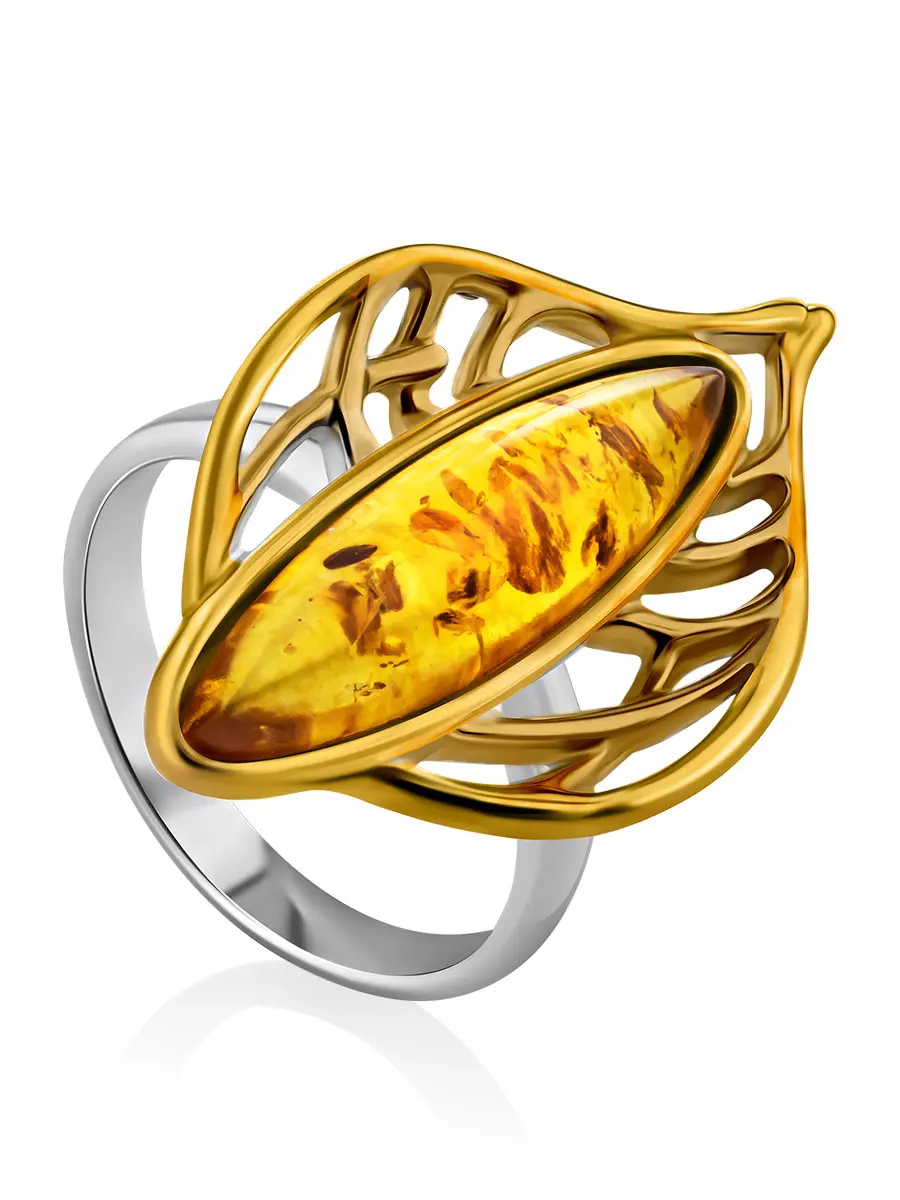 картинка Ажурное кольцо с янтарём «Листочек» в онлайн магазине