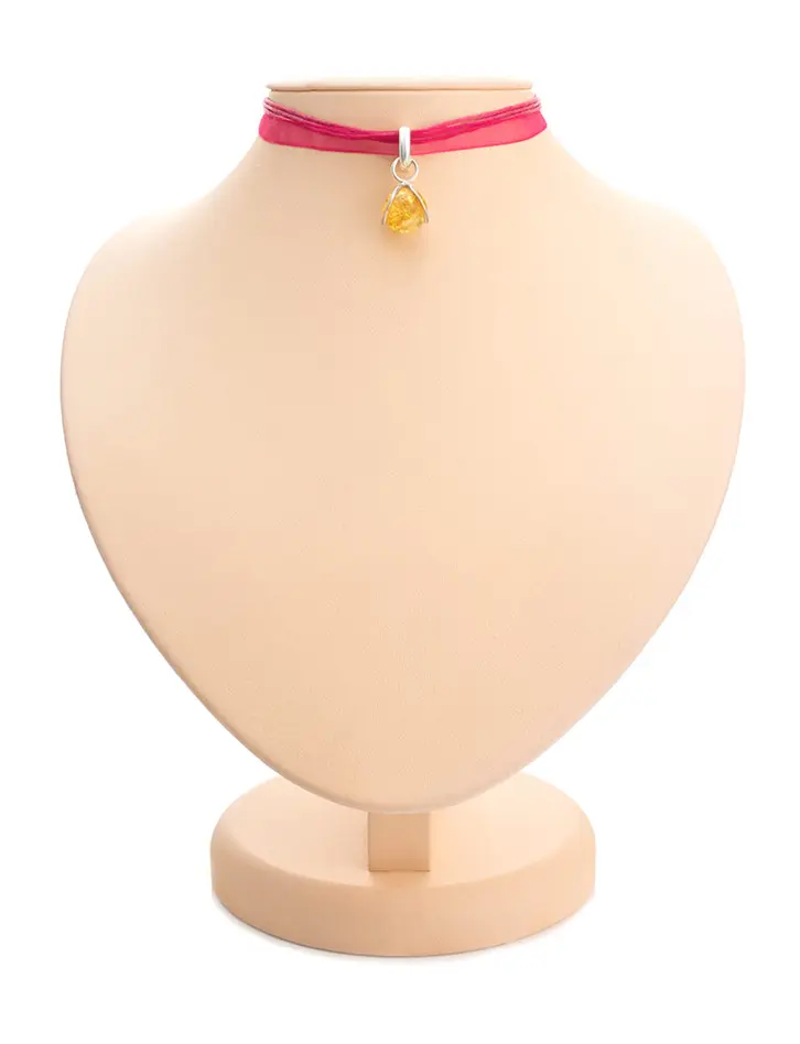 картинка Ярко-розовый чокер с подвеской из серебра и янтаря «Валенсия» в онлайн магазине
