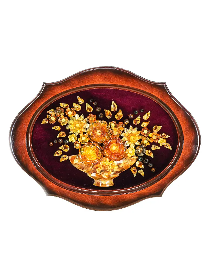 картинка Горизонтальное панно овальной формы из натурального янтаря «Ваза с цветами» 32 х 42 в онлайн магазине