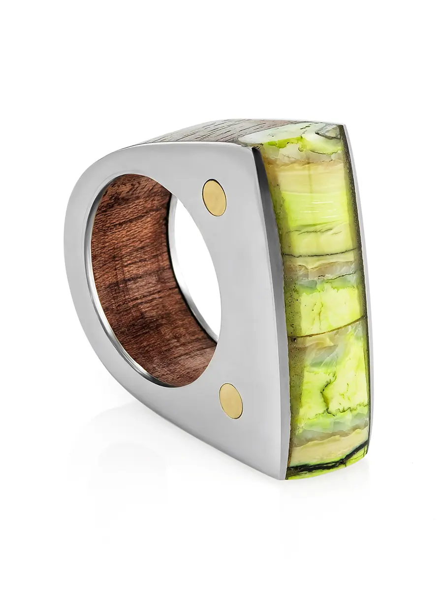 картинка Яркое стильное кольцо «Индонезия» из дерева с зубом мамонта в онлайн магазине