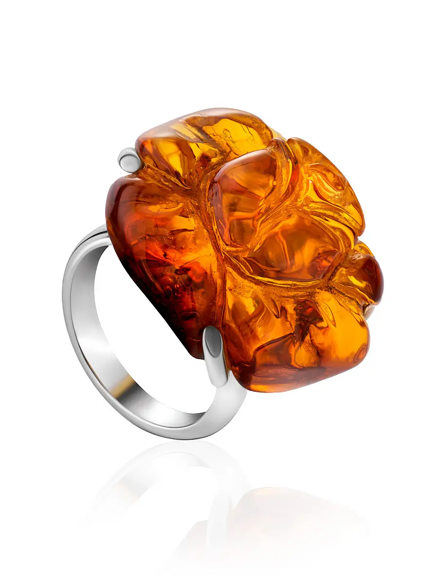 картинка Эффектное кольцо из серебра с натуральным коньячным янтарём «Роза» в онлайн магазине