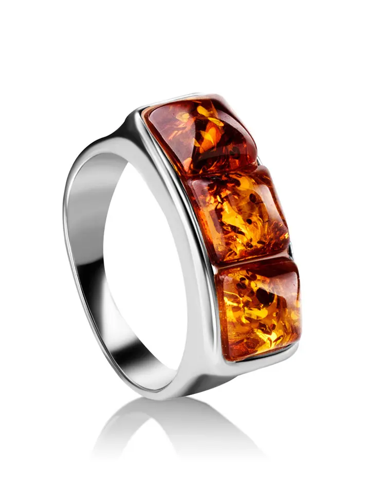 картинка Серебряное кольцо с тремя вставками из искрящегося янтаря «Мозаика» в онлайн магазине
