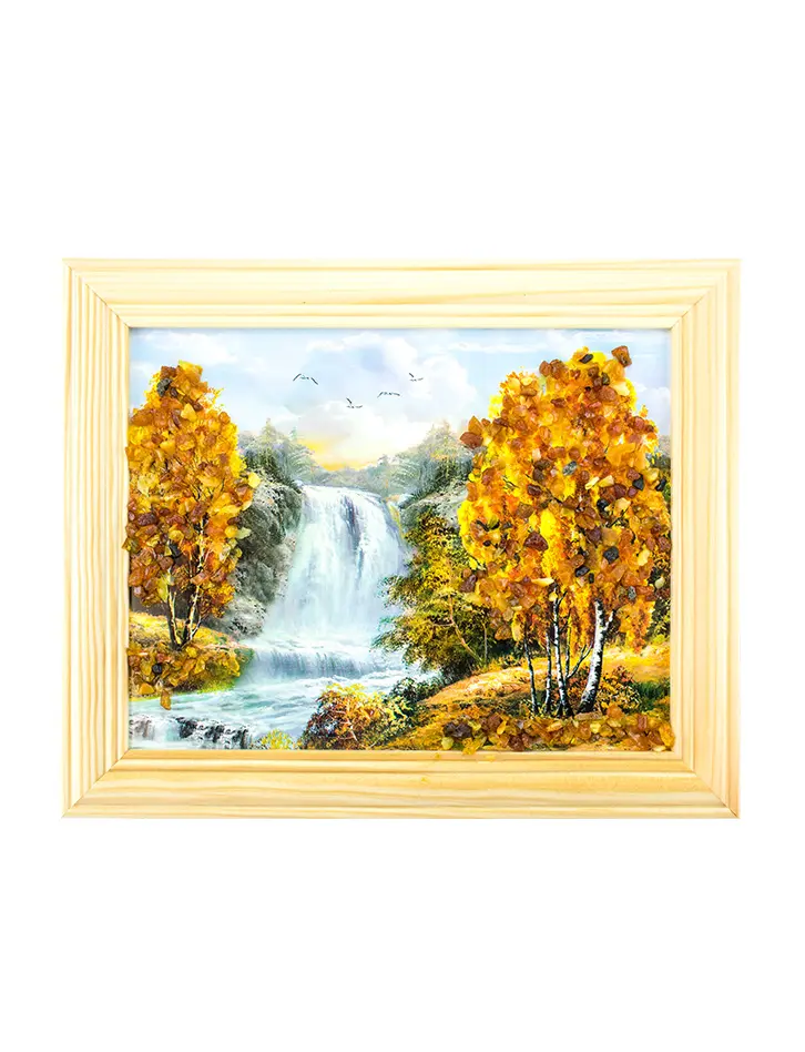 картинка «Водопад». Небольшая горизонтальная картина, украшенная янтарем в онлайн магазине