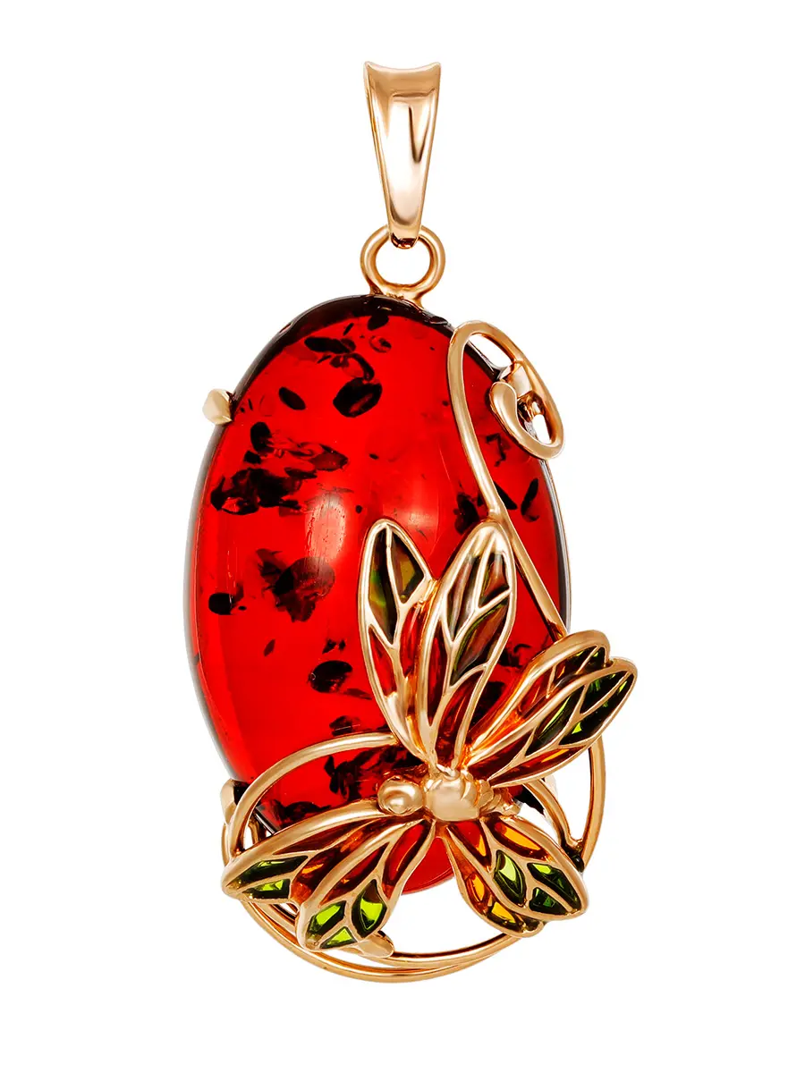 картинка Крупный эффектный кулон из позолоченного серебра с янтарём красного цвета «Апрель» в онлайн магазине