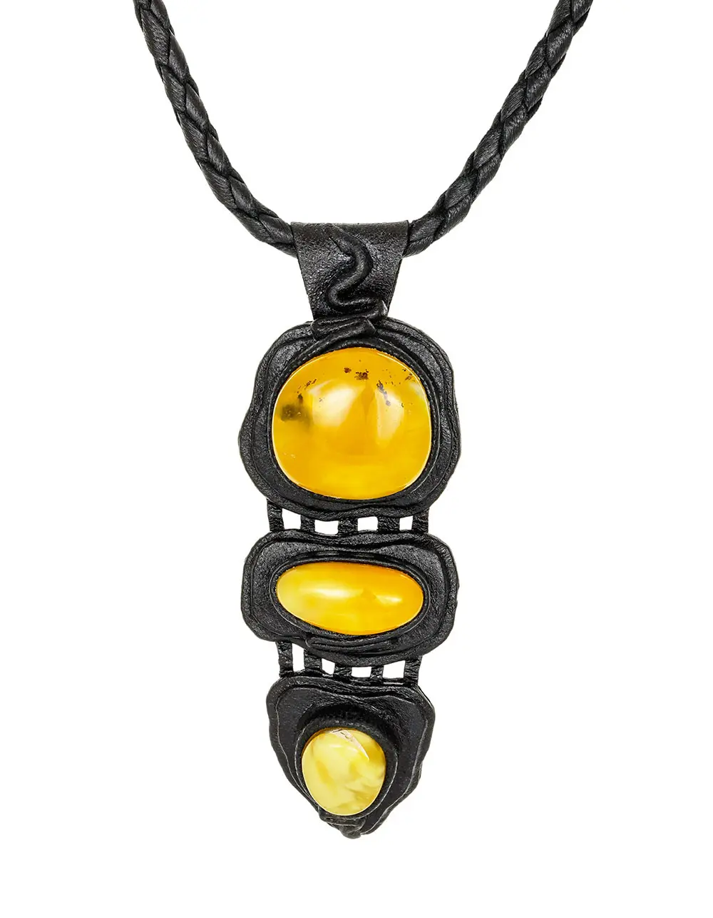 картинка Тройное колье из кожи «Амазонка» с медовым янтарём  в онлайн магазине
