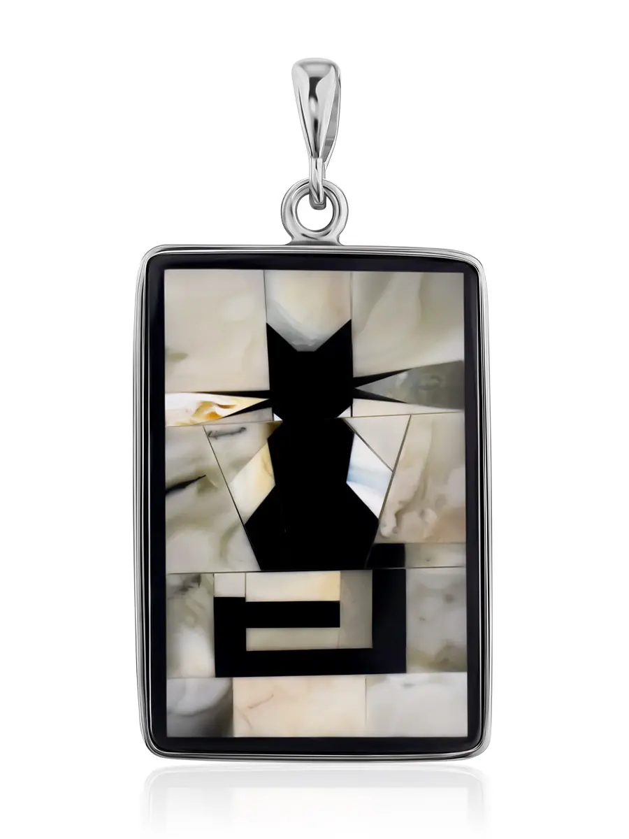 картинка Подвеска прямоугольной формы из янтарной мозаики и серебра «Кот» в онлайн магазине