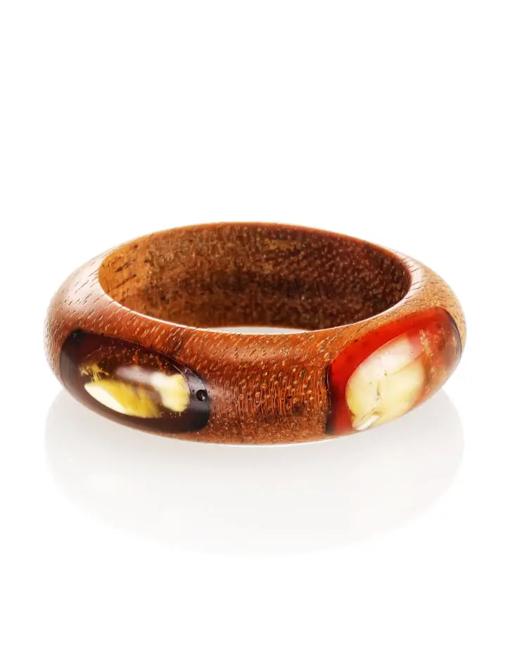 картинка Стильное и необычное кольцо из дерева и натурального янтаря «Индонезия» в онлайн магазине