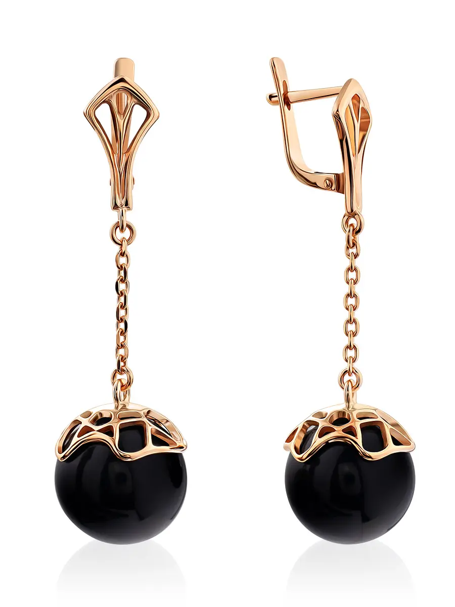 картинка Изысканные серьги из натурального тёмного янтаря в позолоченном серебре «Сен Жермен» в онлайн магазине