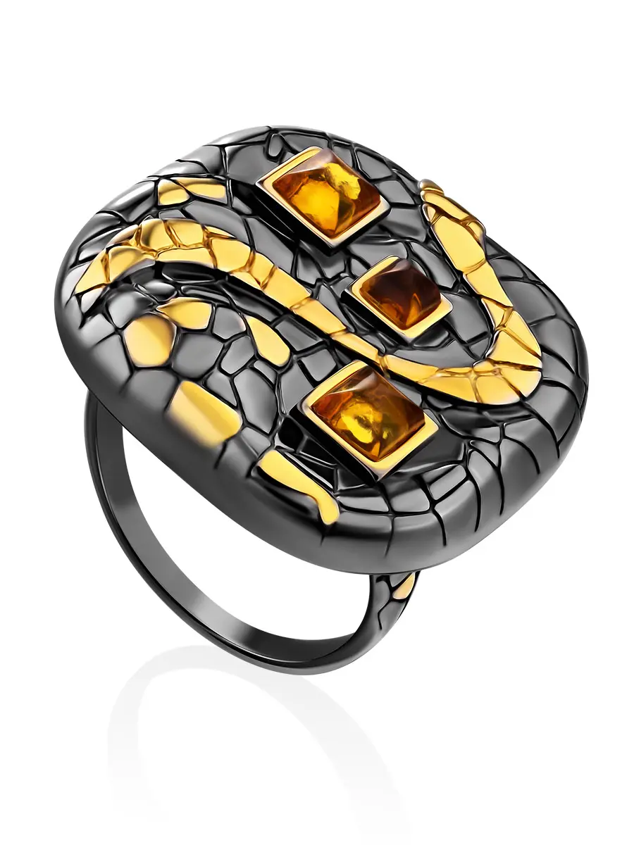 картинка Роскошное кольцо «Донателла» из чернёного серебра с золочением, украшенное янтарём в онлайн магазине