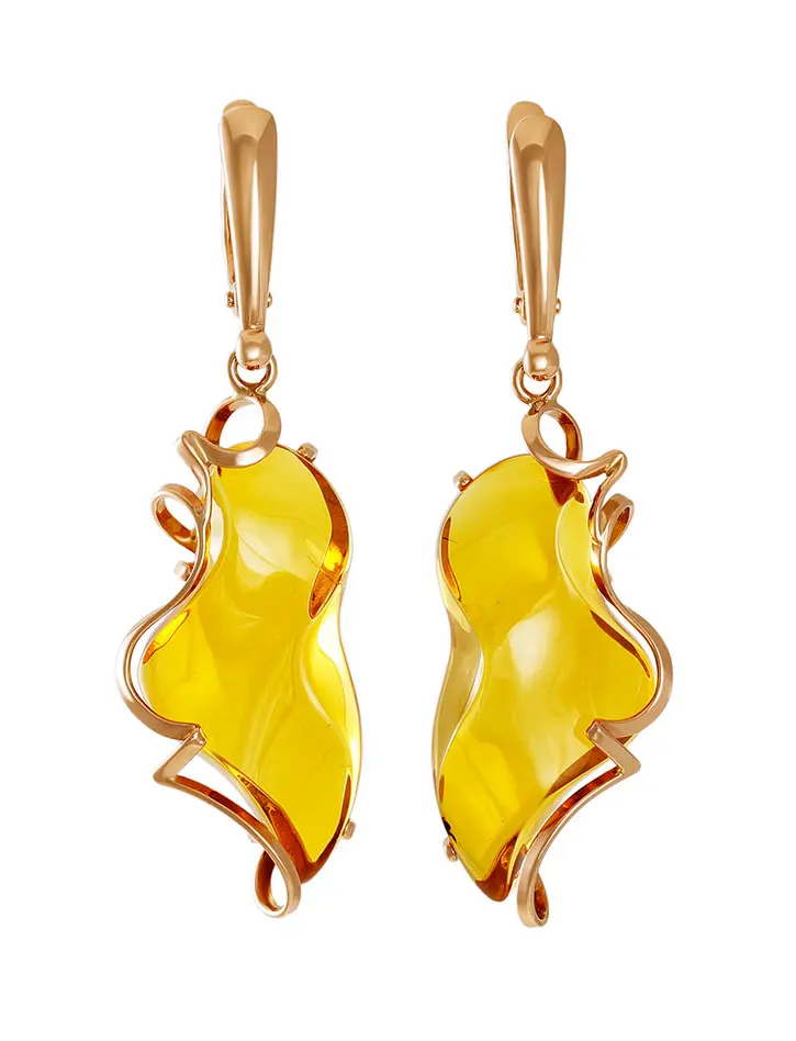 картинка Изящные золотые серьги «Риальто» с цельным золотистым янтарём в онлайн магазине