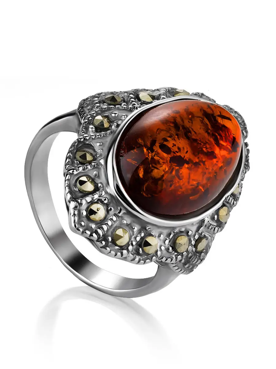 картинка Крупный объёмный перстень «Эйфория» из серебра с марказитами и янтарём в онлайн магазине