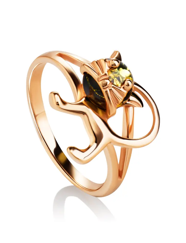 картинка Очаровательное кольцо с зелёным янтарём «Чешир» в онлайн магазине