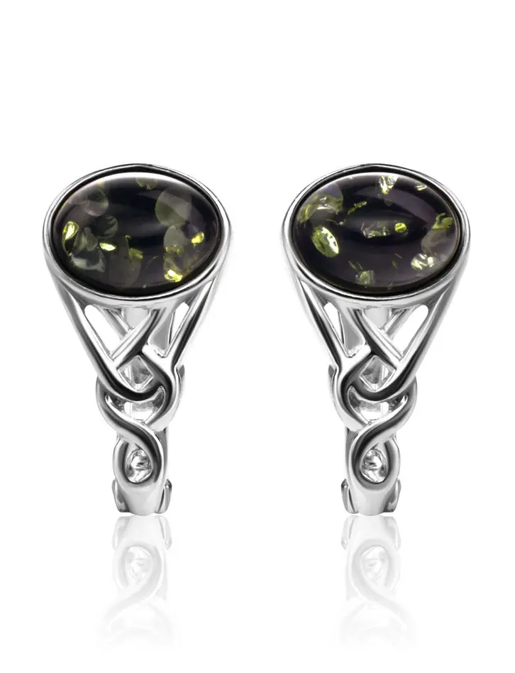 картинка Изящные серебряные серьги с зелёным янтарем «Фрея» в онлайн магазине