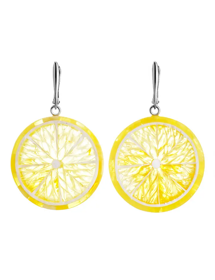 картинка Эффектные яркие серьги «Апельсин» из натурального янтаря и серебра в онлайн магазине