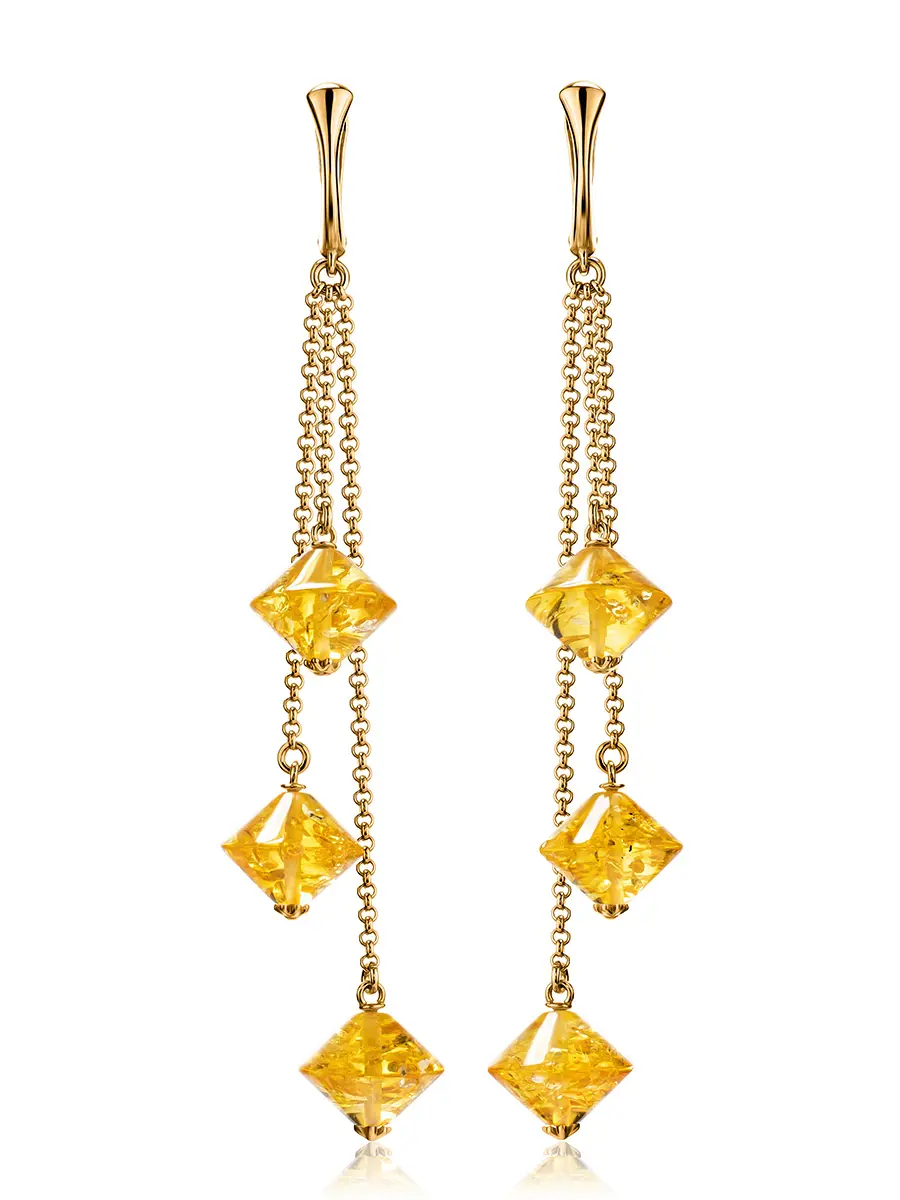 картинка Эффектные серьги на цепочках из золочённого серебра и лимонного янтаря «Юла» в онлайн магазине