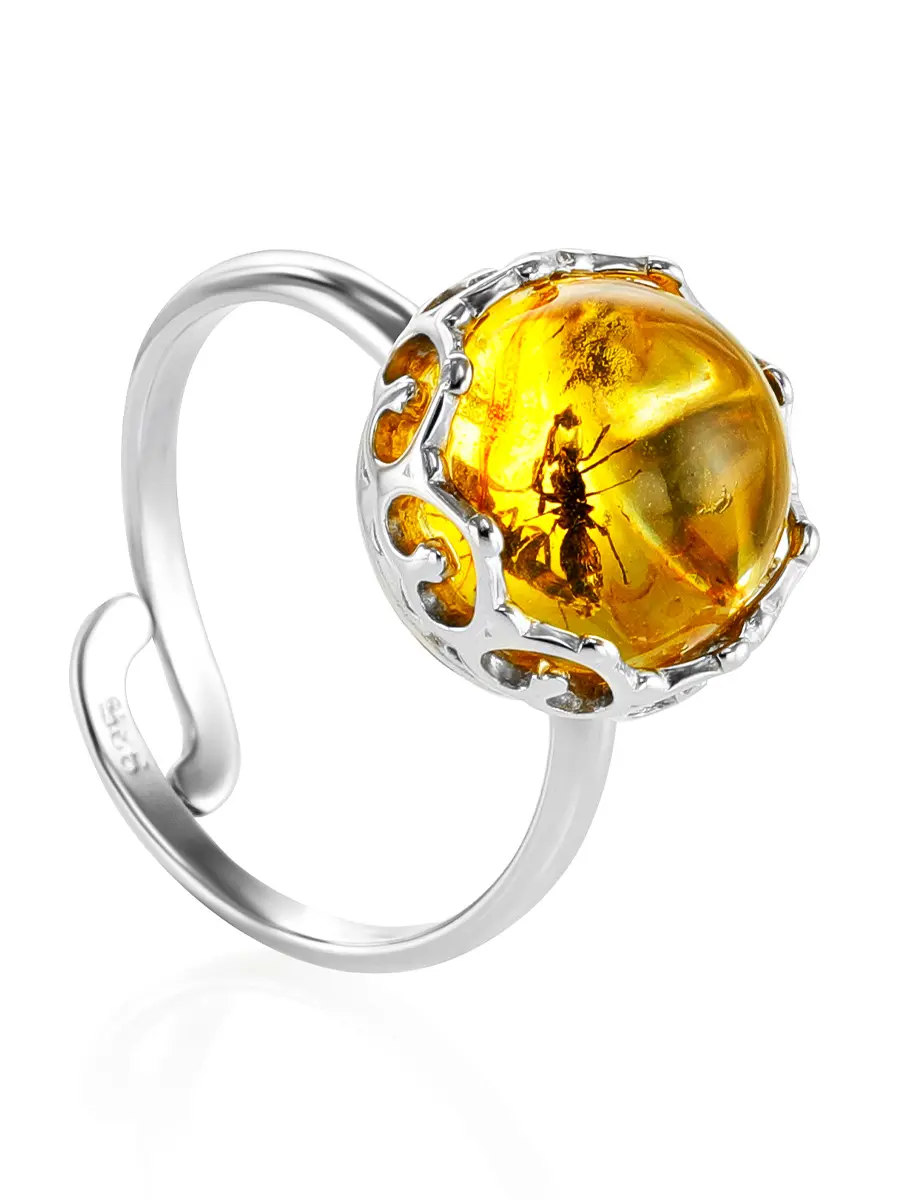 картинка Ажурное кольцо «Клио» из серебра и лимонного янтаря с инклюзом муравья в онлайн магазине