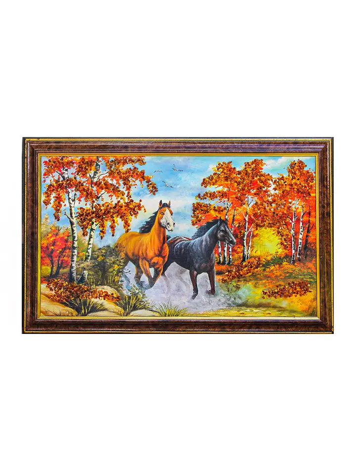 картинка Панно с натуральным янтарем «Лошади» в онлайн магазине