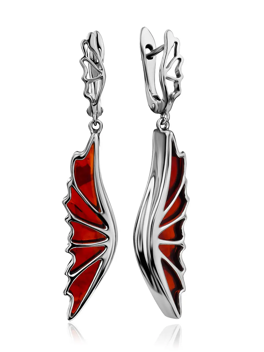 картинка Изысканные серьги «Апрель» из натурального янтаря вишнёвого цвета и серебра в онлайн магазине