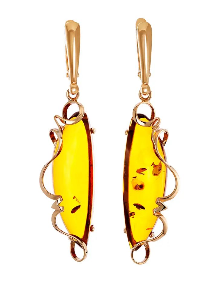 картинка Роскошные серьги «Риальто» из золота и цельного янтаря коньячного цвета в онлайн магазине
