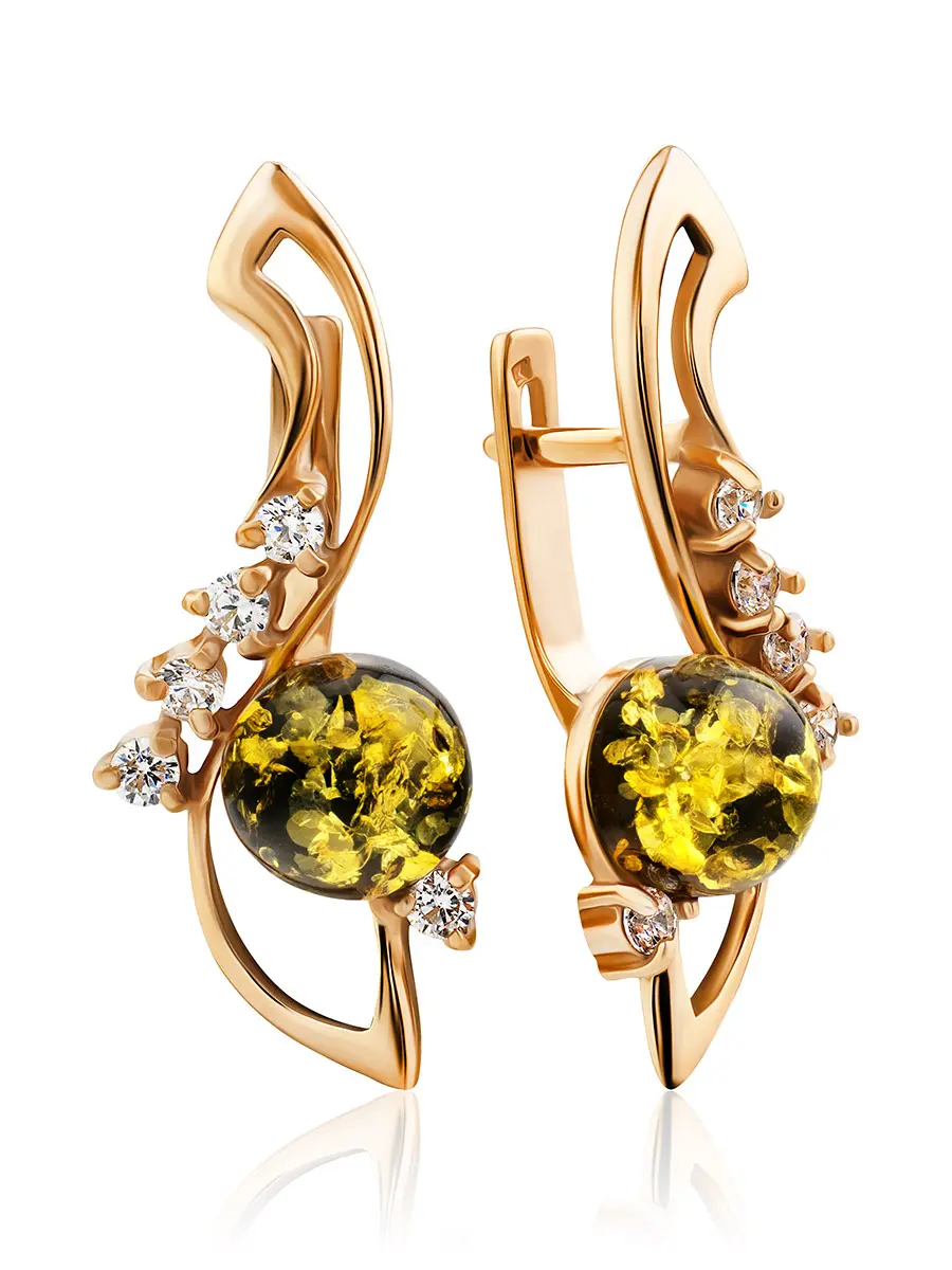 картинка Изысканные золотые серьги с янтарём и цирконами «Ноктюрн» в онлайн магазине