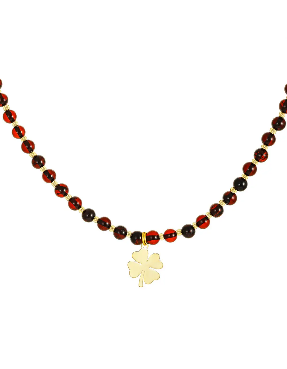 картинка Современный чокер с вишнёвым янтарём и латунным кулоном «Клевер» в онлайн магазине