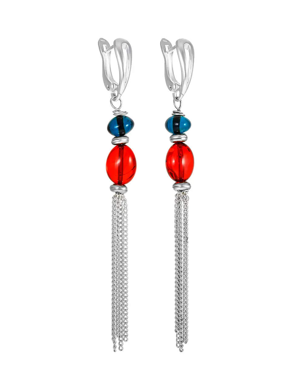 картинка Живые серьги из натурального балтийского янтаря зелёного и красного цвета «Водопад» в онлайн магазине