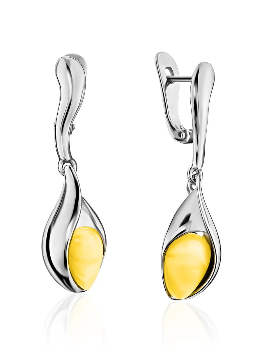 картинка Удлинённые серебряные серьги с натуральным балтийским янтарём медового цвета «Пион» в онлайн магазине