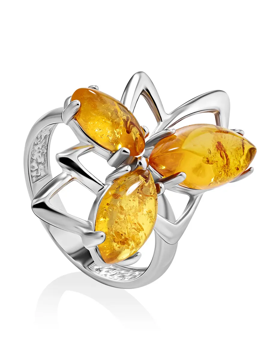 картинка Эффектное кольцо «Калипсо» из натурального янтаря золотисто-коньячного цвета в онлайн магазине