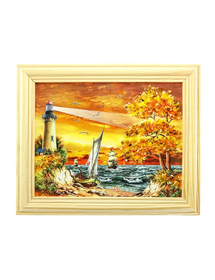 картинка Небольшое горизонтальное панно, украшенное янтарем «Маяк на закате» в онлайн магазине