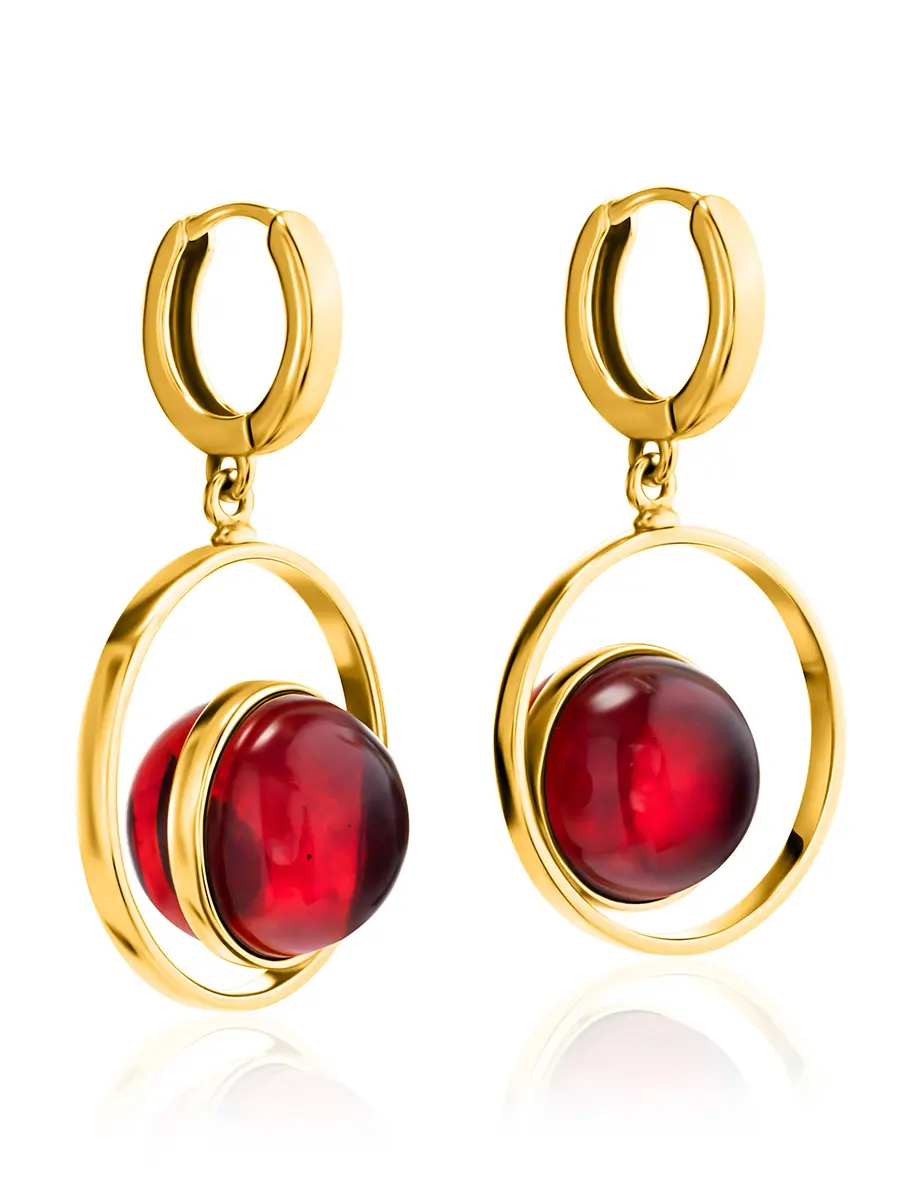 картинка Необычные стильные серьги «Юпитер» из позолоченного серебра и красного янтаря в онлайн магазине