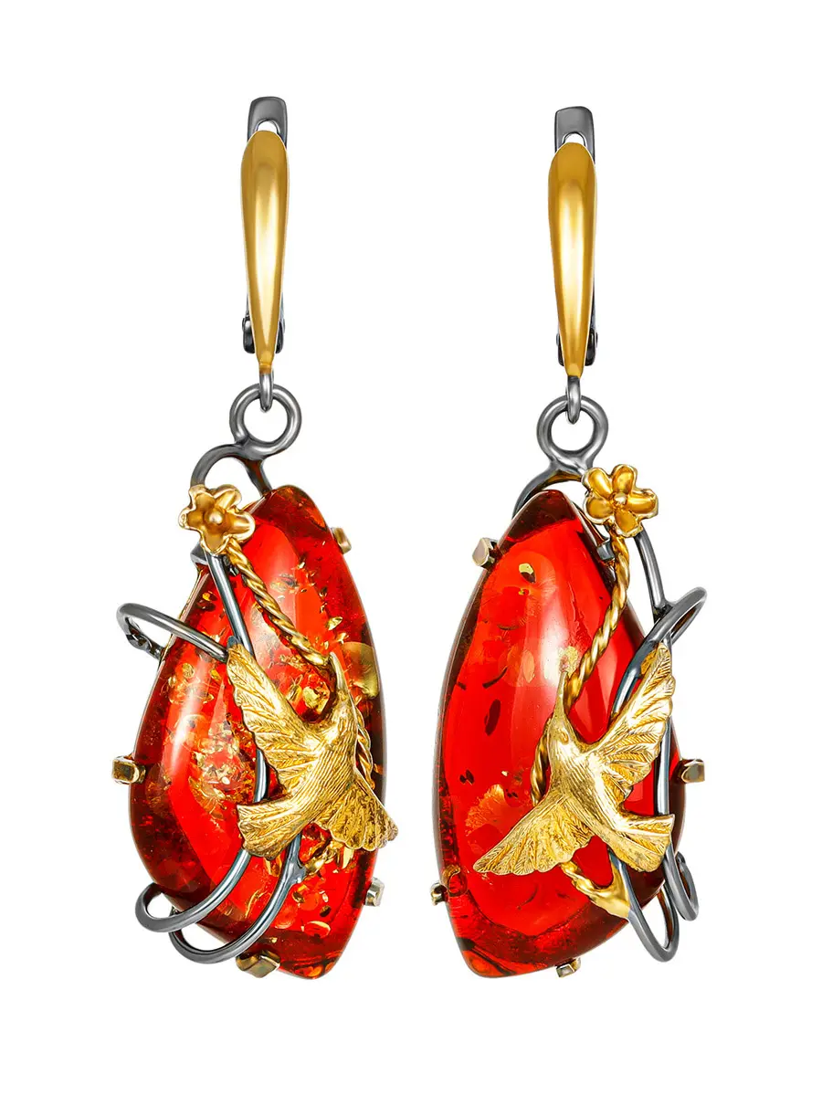 картинка Нарядные серьги «Колибри» из красного янтаря в онлайн магазине