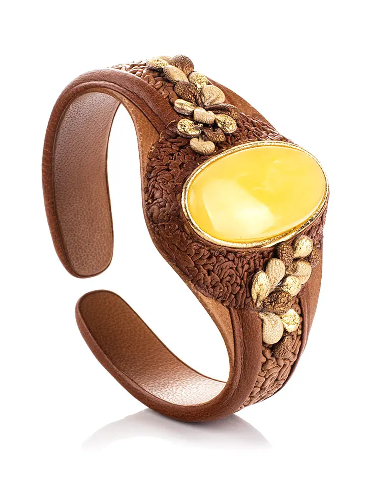 картинка Красивый браслет из натуральной кожи и цельного янтаря «Нефертити» в онлайн магазине