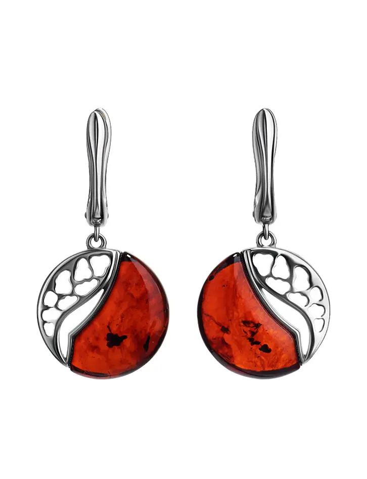картинка Яркие серьги из серебра и натурального янтаря вишнёвого цвета «Санрайз» в онлайн магазине