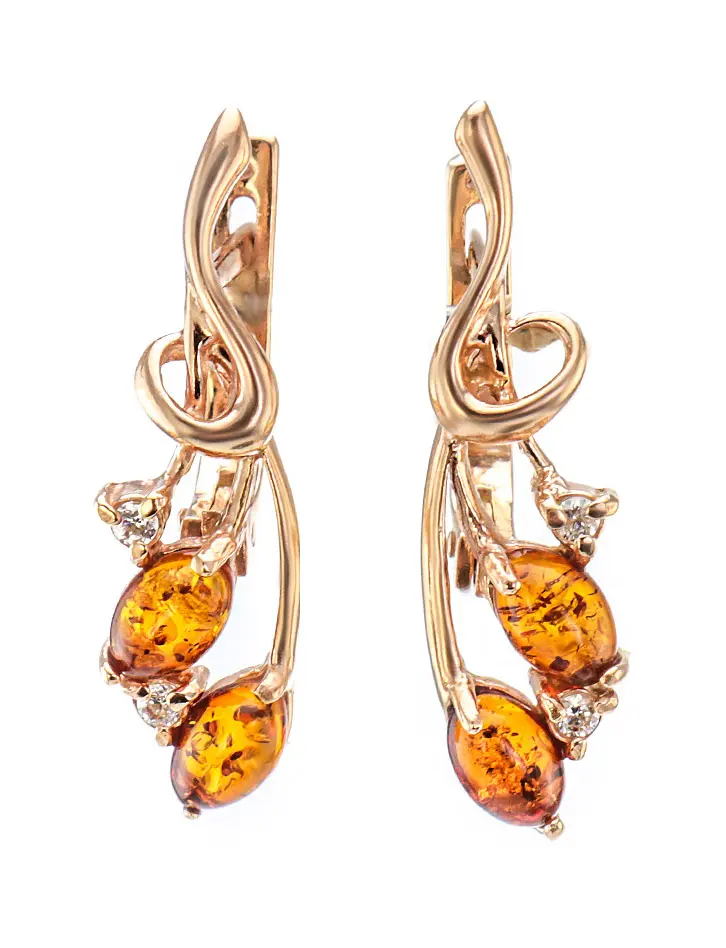 картинка Изысканные золотые серьги, украшенные янтарём и кристаллами «Олеандр» в онлайн магазине