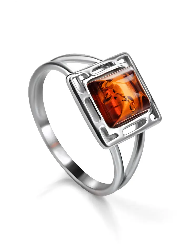 картинка Тонкое стильное кольцо «Итака» с натуральным коньячным янтарём в онлайн магазине