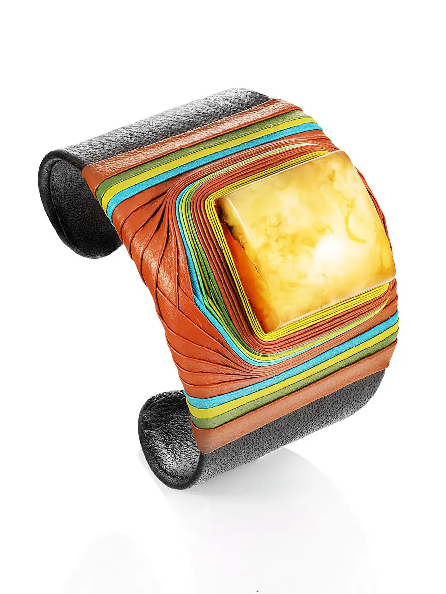 картинка Роскошный жёсткий браслет-манжета из кожи и натурального янтаря «Нефертити» в онлайн магазине